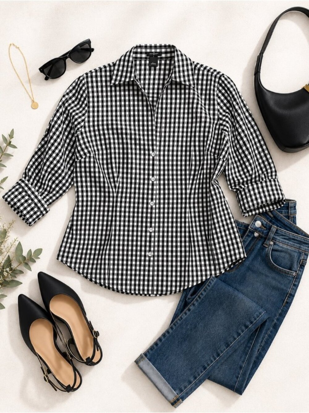 Ann Taylor Gingham Button Up Shirt Black White Stretch Tailored Size 12